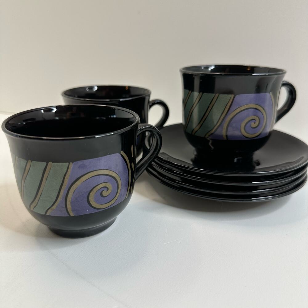 Vtg Arcoroc Tampico Cup and Saucer Set of 3 Funky Groovy Post Modern Memphis